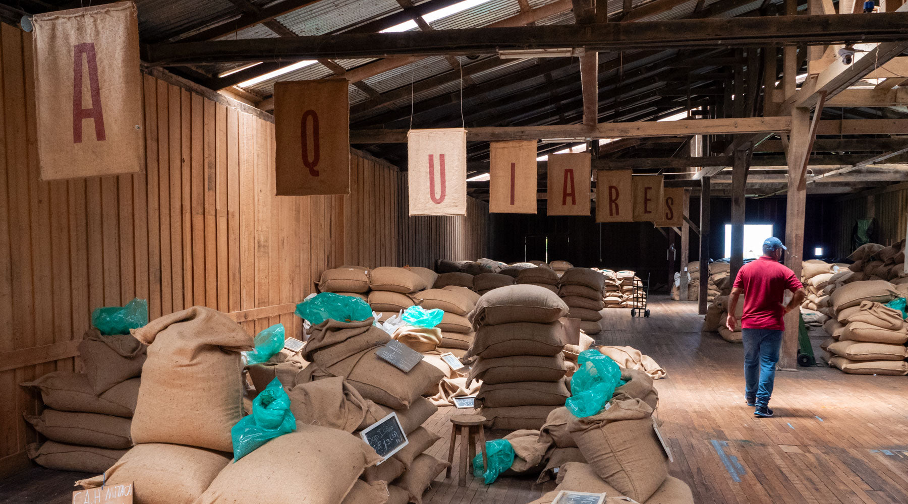 A view of the coffee storage area at the milling facility on Aquiares Estate coffee farm, Costa Rica. The room is wooden and warm, with stacks of burlap coffee bags piled high, ready for export around the world.
