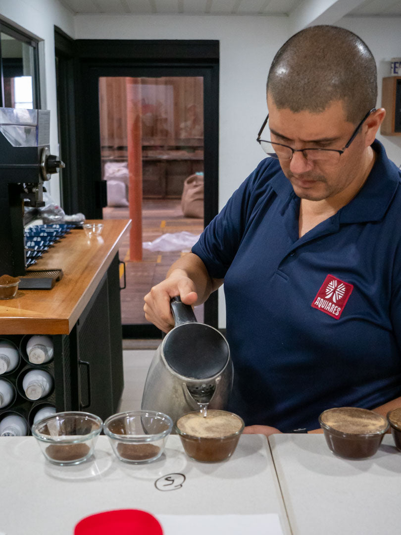 Head of quality control at Aquiares Estate prepares coffees for a cupping session in the lab at Aquiares coffee farm.