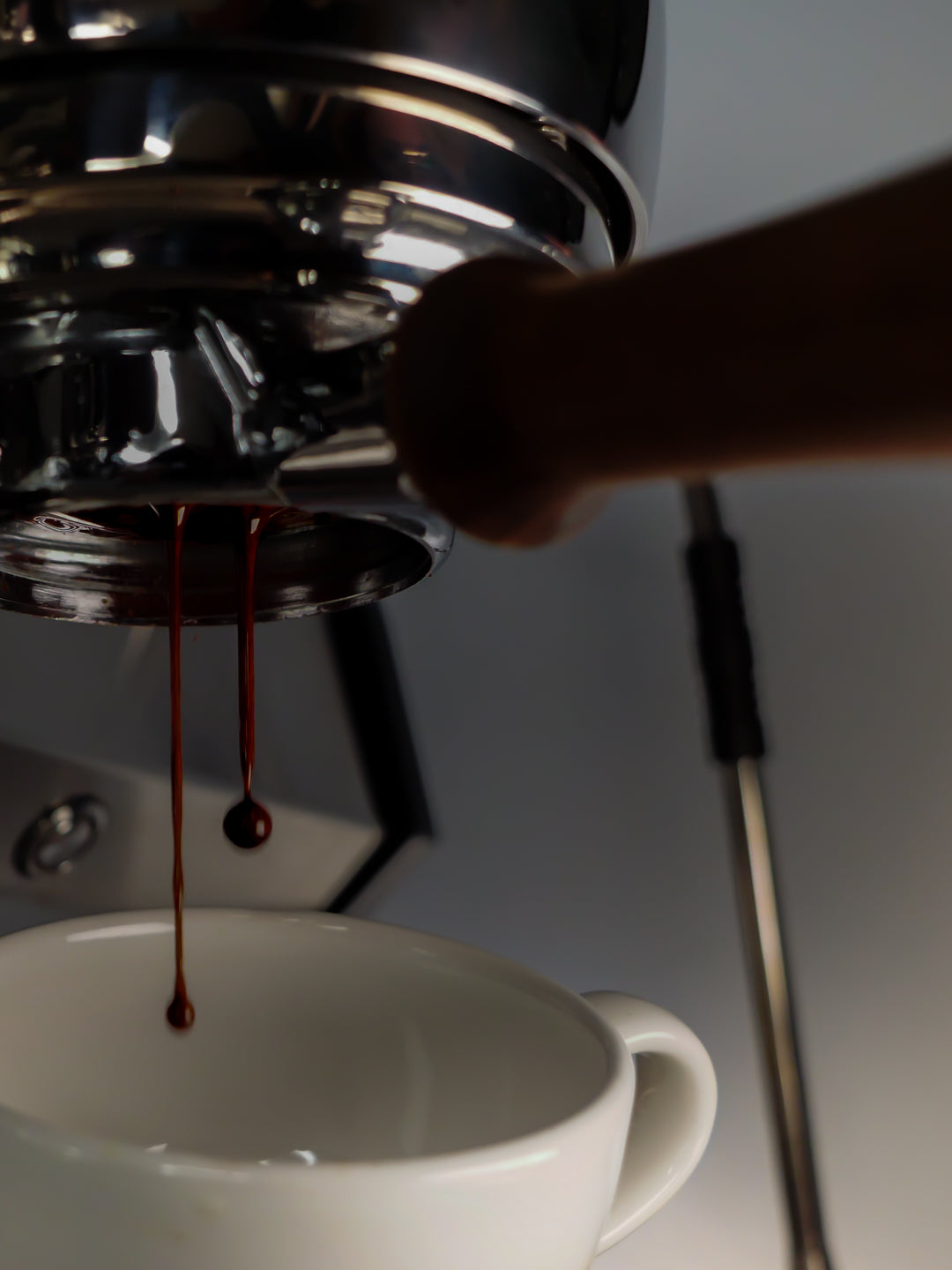 A shot of espresso dripping through a blind portafilter basket on a Slayer V3 espresso machine at the Loom Coffee Co. roasting facility.