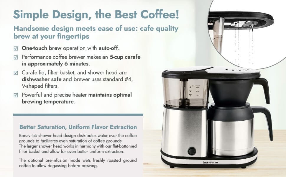Bonavita Greensboro NC Coffee Roasters Bonavita 5-Cup Coffee Maker, Thermal Coffee Brewer – Compact Size, Elegant, and Precise, BPA-Free